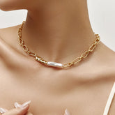 Liora Necklace Gold Chain with Freshwater Pearl & Sculpted Metal Accents